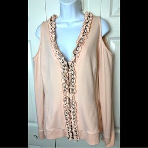 BOSTON PROPER Cold Shoulder Sweatshirt Cardigan Jacket Blouse Pink Chain Ruffle